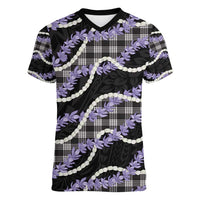 Black Hawaii Palaka Honohono Pikake Women V-Neck T-Shirt Hawaiian Orchid Lei Polynesian Pattern - Polynesian Pride