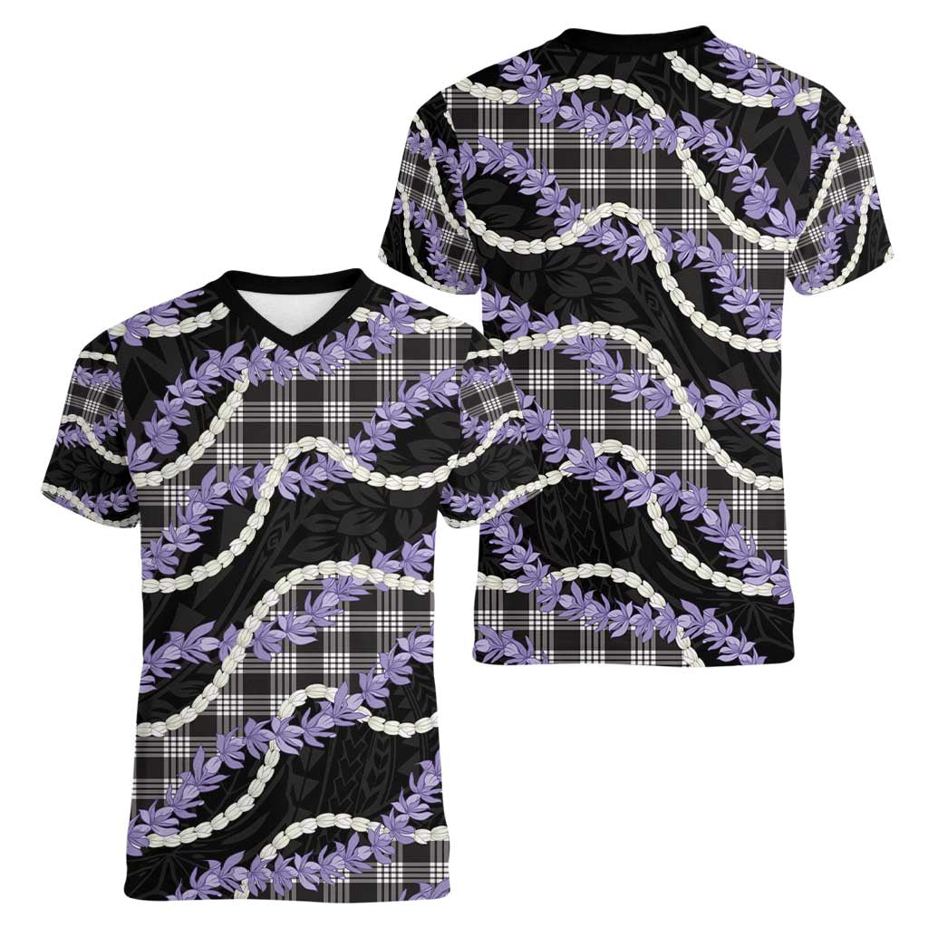 Black Hawaii Palaka Honohono Pikake Women V-Neck T-Shirt Hawaiian Orchid Lei Polynesian Pattern - Polynesian Pride