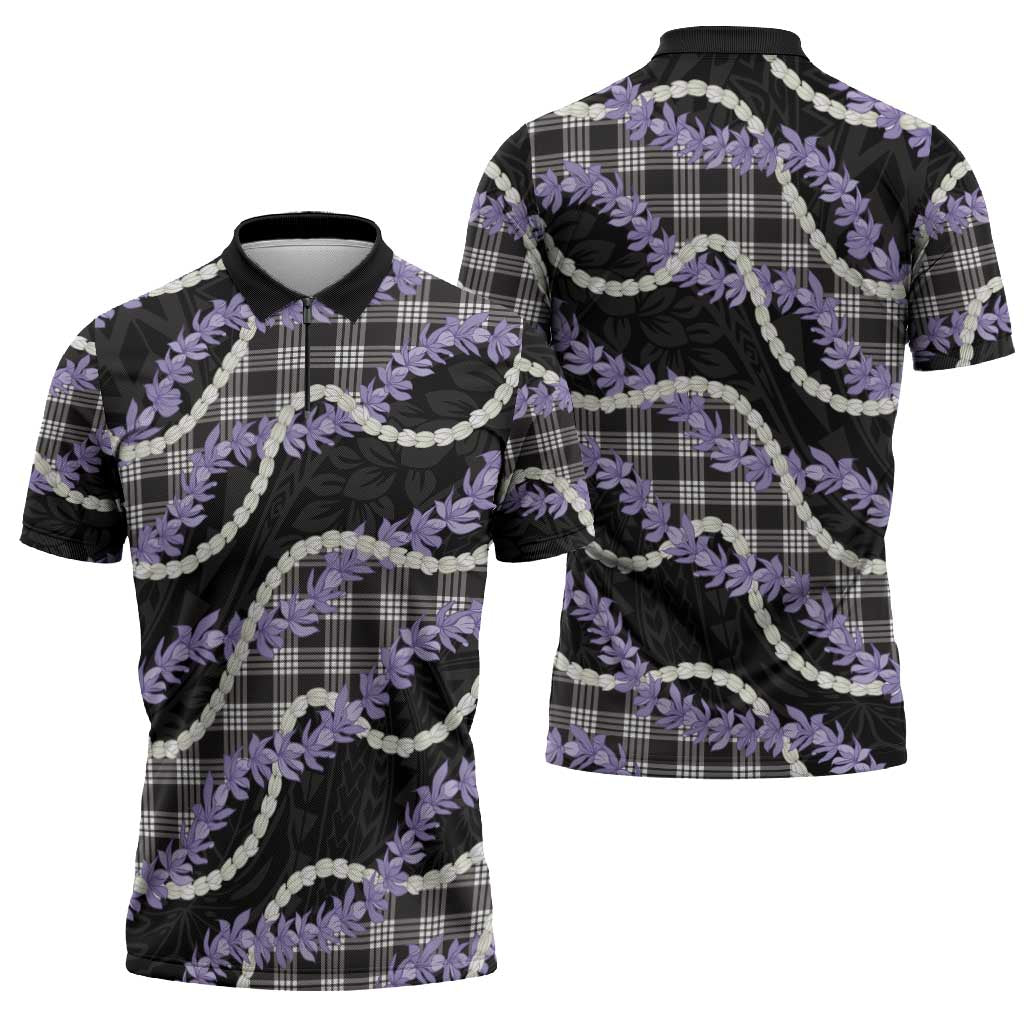 Black Hawaii Palaka Honohono Pikake Zipper Polo Shirt Hawaiian Orchid Lei Polynesian Pattern - Polynesian Pride