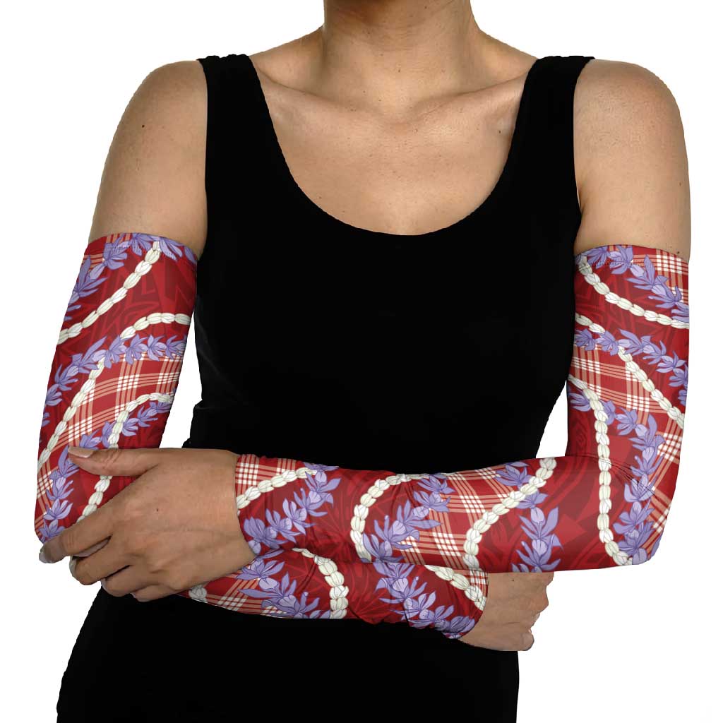 Red Hawaii Palaka Honohono Pikake Arm Sleeves Hawaiian Orchid Lei Polynesian Pattern - Polynesian Pride