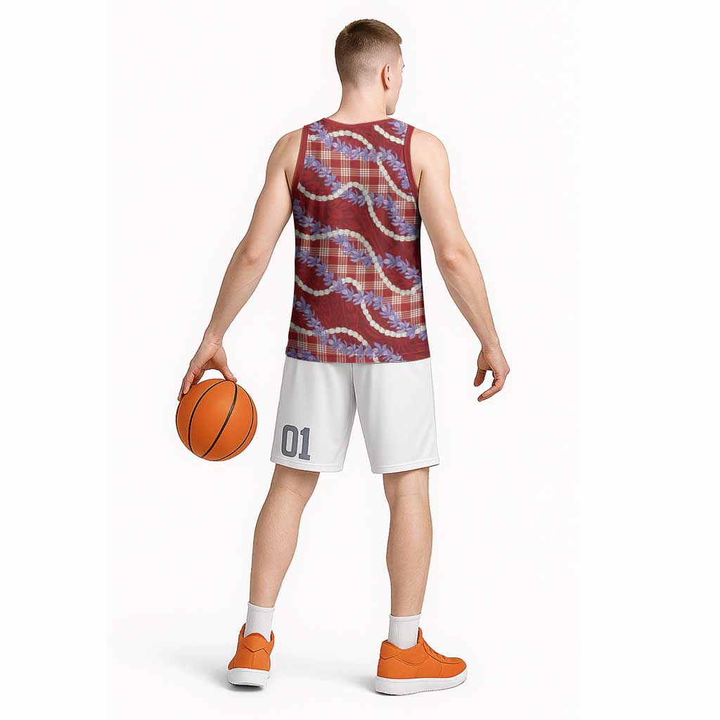 Red Hawaii Palaka Honohono Pikake Basketball Jersey Hawaiian Orchid Lei Polynesian Pattern - Polynesian Pride