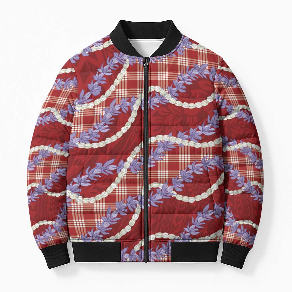 Red Hawaii Palaka Honohono Pikake Bomber Puffer Jacket Hawaiian Orchid Lei Polynesian Pattern - Polynesian Pride