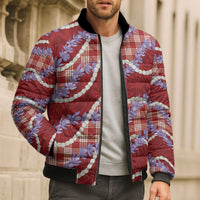 Red Hawaii Palaka Honohono Pikake Bomber Puffer Jacket Hawaiian Orchid Lei Polynesian Pattern - Polynesian Pride
