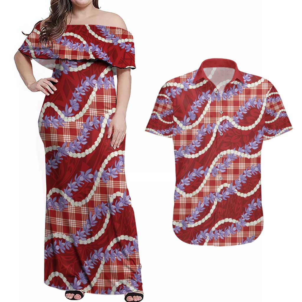 Red Hawaii Palaka Honohono Pikake Couples Matching Off Shoulder Maxi Dress and Hawaiian Shirt Hawaiian Orchid Lei Polynesian Pattern - Polynesian Pride