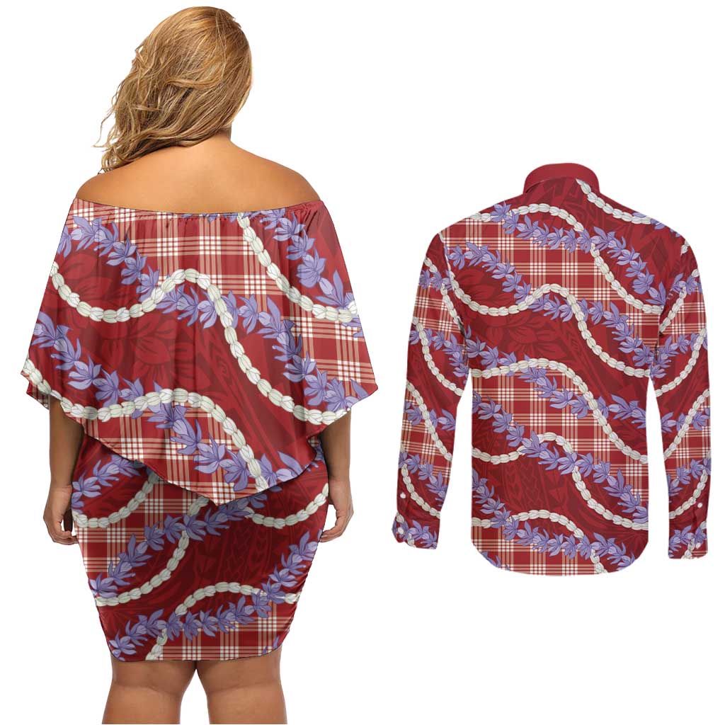 Red Hawaii Palaka Honohono Pikake Couples Matching Off Shoulder Short Dress and Long Sleeve Button Shirt Hawaiian Orchid Lei Polynesian Pattern - Polynesian Pride