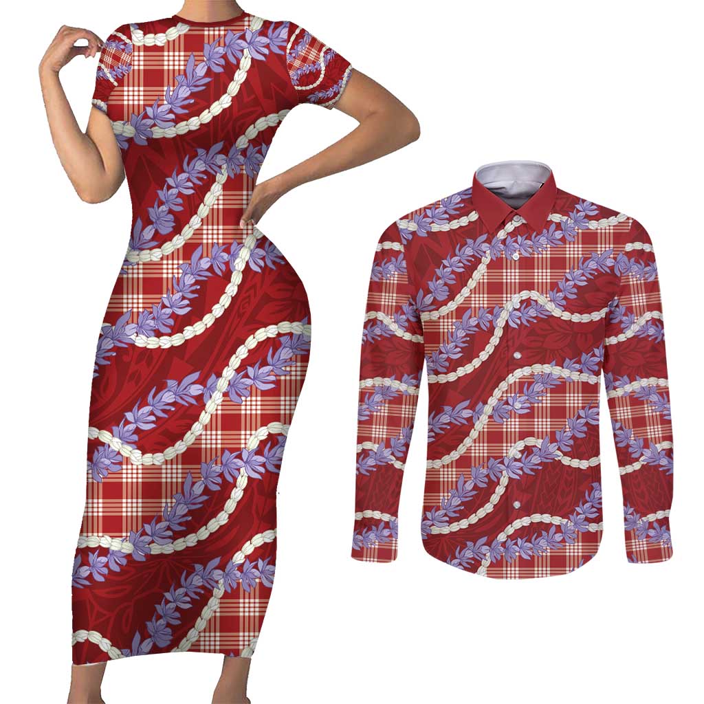 Red Hawaii Palaka Honohono Pikake Couples Matching Short Sleeve Bodycon Dress and Long Sleeve Button Shirt Hawaiian Orchid Lei Polynesian Pattern - Polynesian Pride