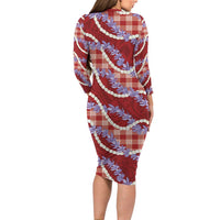 Red Hawaii Palaka Honohono Pikake Family Matching Long Sleeve Bodycon Dress and Hawaiian Shirt Hawaiian Orchid Lei Polynesian Pattern - Polynesian Pride
