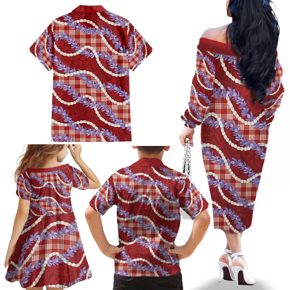 Red Hawaii Palaka Honohono Pikake Family Matching Off The Shoulder Long Sleeve Dress and Hawaiian Shirt Hawaiian Orchid Lei Polynesian Pattern - Polynesian Pride