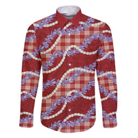 Red Hawaii Palaka Honohono Pikake Family Matching Off The Shoulder Long Sleeve Dress and Hawaiian Shirt Hawaiian Orchid Lei Polynesian Pattern - Polynesian Pride