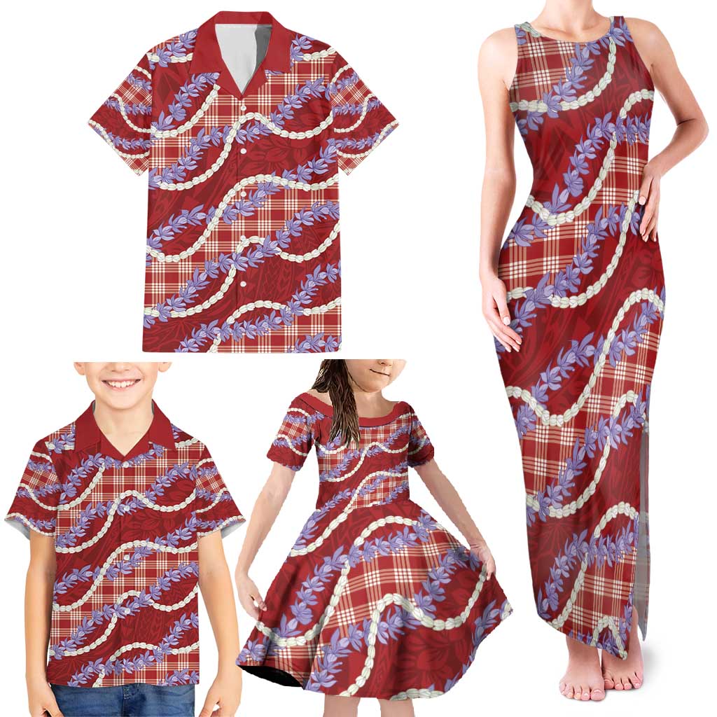 Red Hawaii Palaka Honohono Pikake Family Matching Tank Maxi Dress and Hawaiian Shirt Hawaiian Orchid Lei Polynesian Pattern - Polynesian Pride