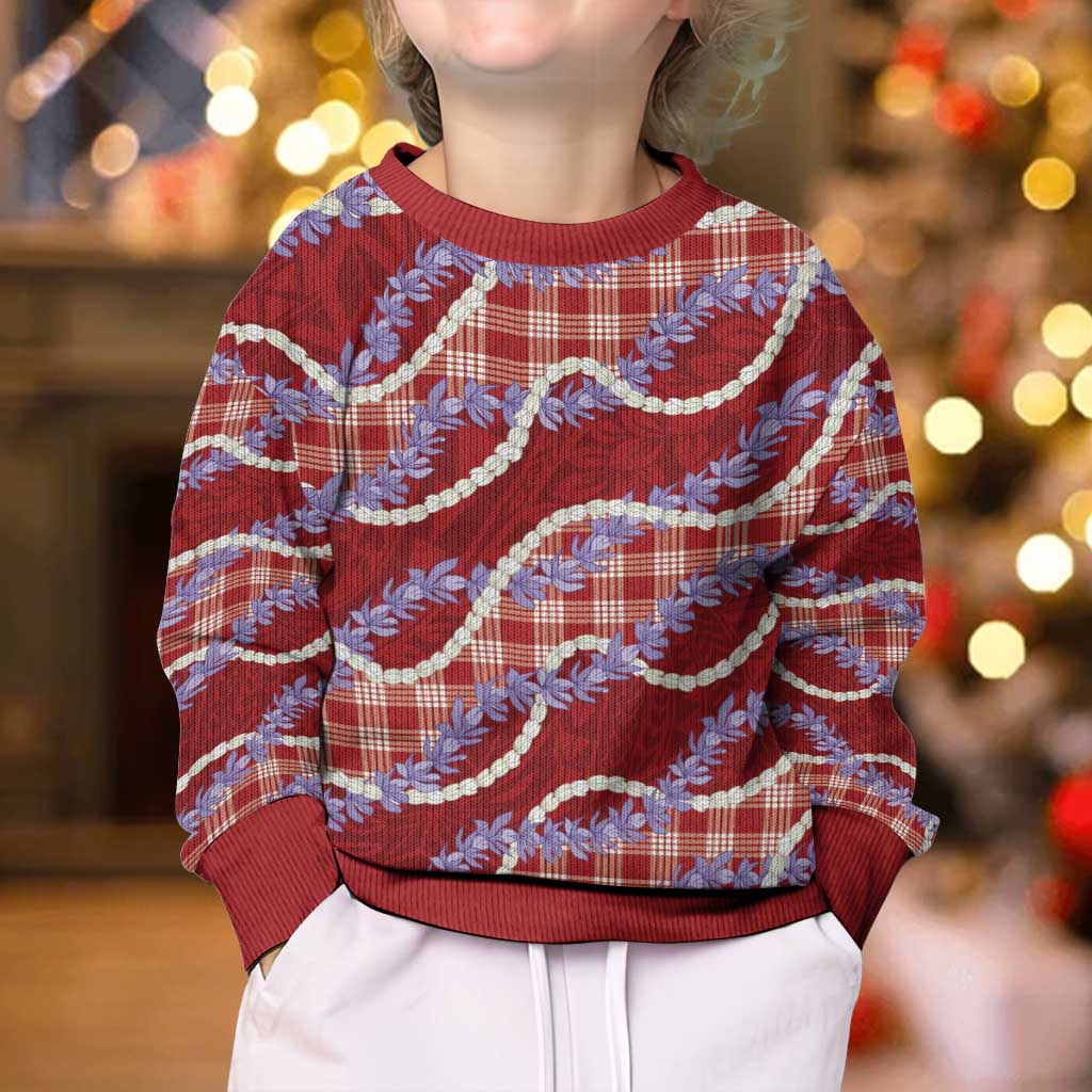 Red Hawaii Palaka Honohono Pikake Kid Ugly Christmas Sweater Hawaiian Orchid Lei Polynesian Pattern - Polynesian Pride