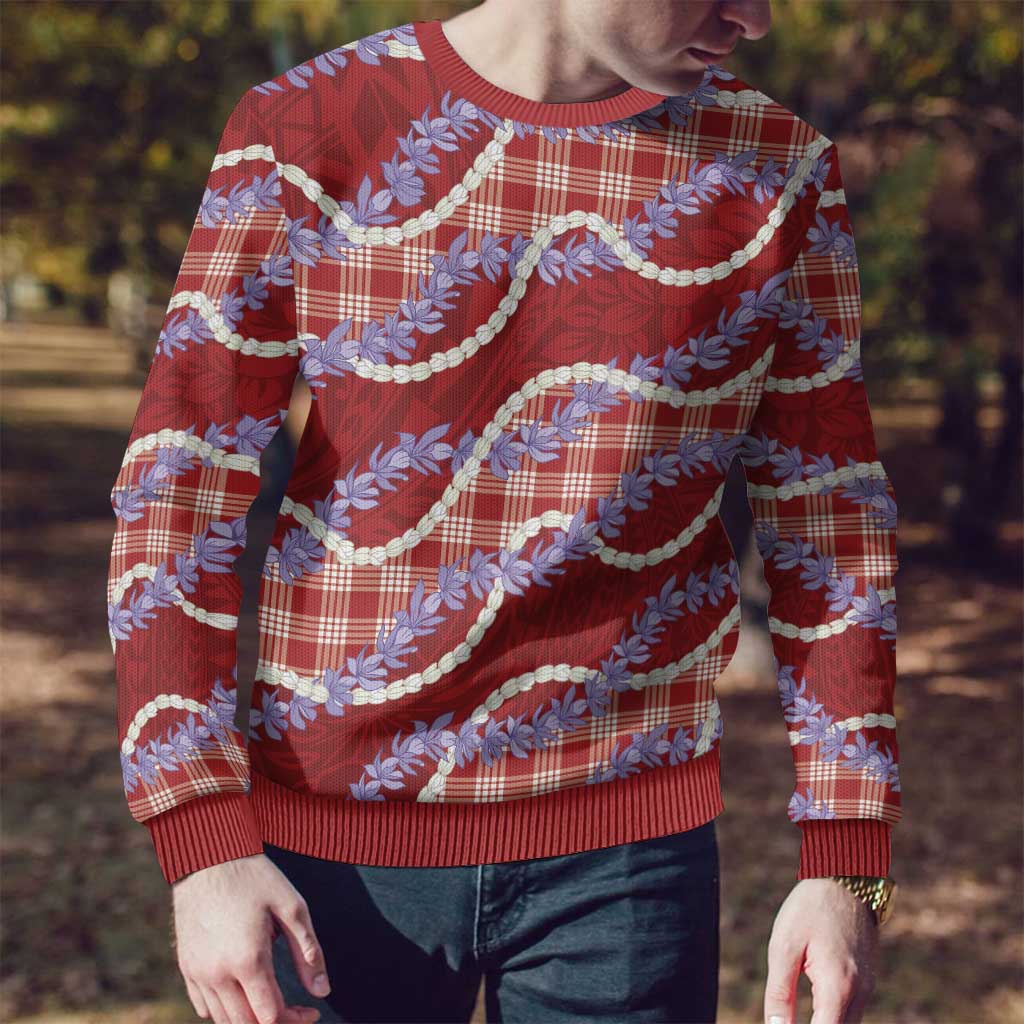 Red Hawaii Palaka Honohono Pikake Ugly Christmas Sweater Hawaiian Orchid Lei Polynesian Pattern - Polynesian Pride