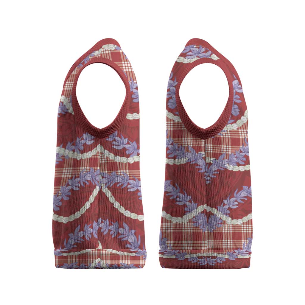 Red Hawaii Palaka Honohono Pikake Christmas Knitted V-Neck Vest Hawaiian Orchid Lei Polynesian Pattern - Polynesian Pride