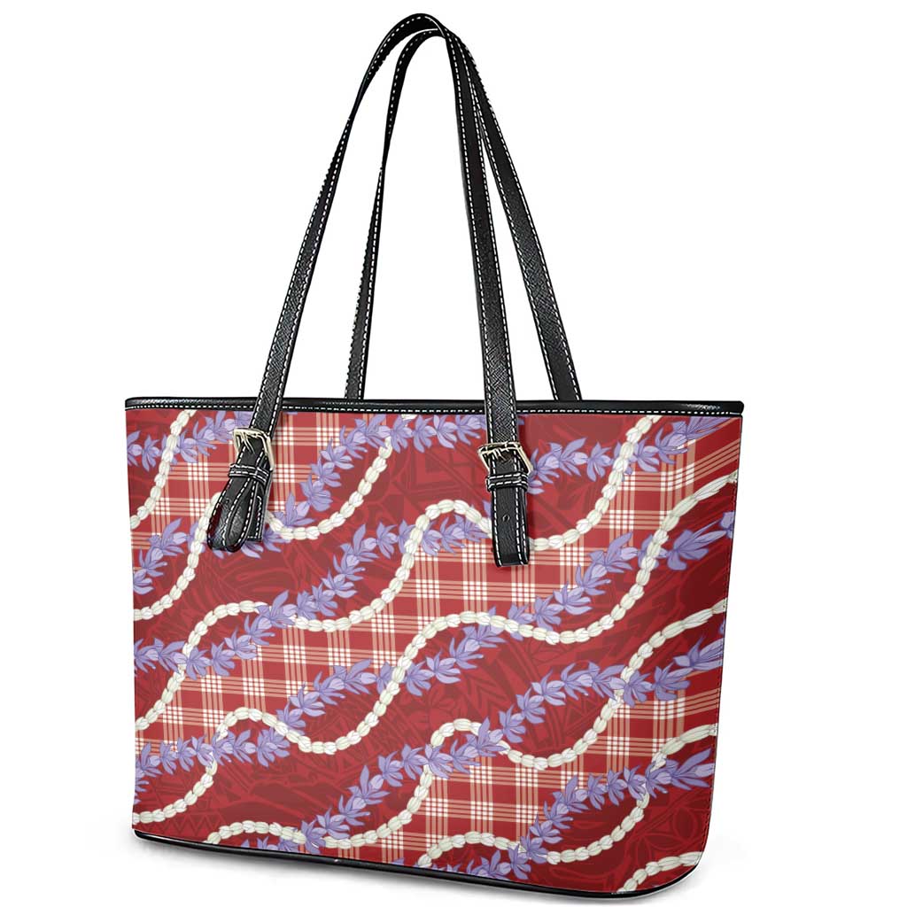 Red Hawaii Palaka Honohono Pikake Leather Tote Bag Hawaiian Orchid Lei Polynesian Pattern - Polynesian Pride