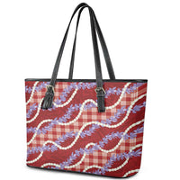 Red Hawaii Palaka Honohono Pikake Leather Tote Bag Hawaiian Orchid Lei Polynesian Pattern - Polynesian Pride
