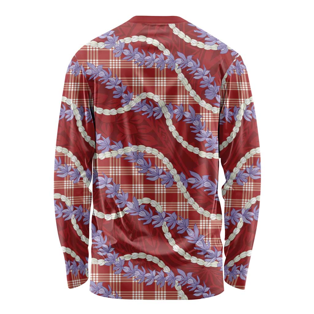 Red Hawaii Palaka Honohono Pikake Long Sleeve Shirt Hawaiian Orchid Lei Polynesian Pattern - Polynesian Pride