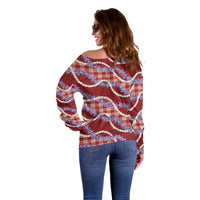 Red Hawaii Palaka Honohono Pikake Off Shoulder Sweater Hawaiian Orchid Lei Polynesian Pattern - Polynesian Pride