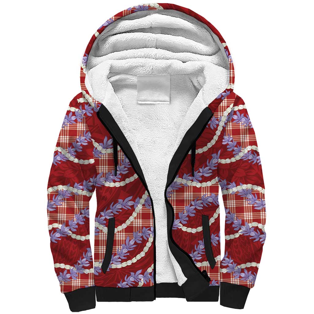 Red Hawaii Palaka Honohono Pikake Sherpa Hoodie Hawaiian Orchid Lei Polynesian Pattern - Polynesian Pride