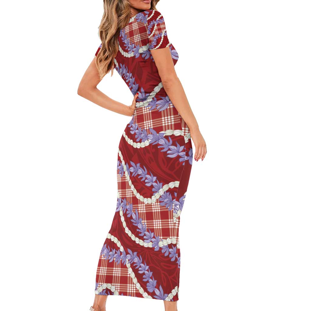 Red Hawaii Palaka Honohono Pikake Short Sleeve Bodycon Dress Hawaiian Orchid Lei Polynesian Pattern - Polynesian Pride