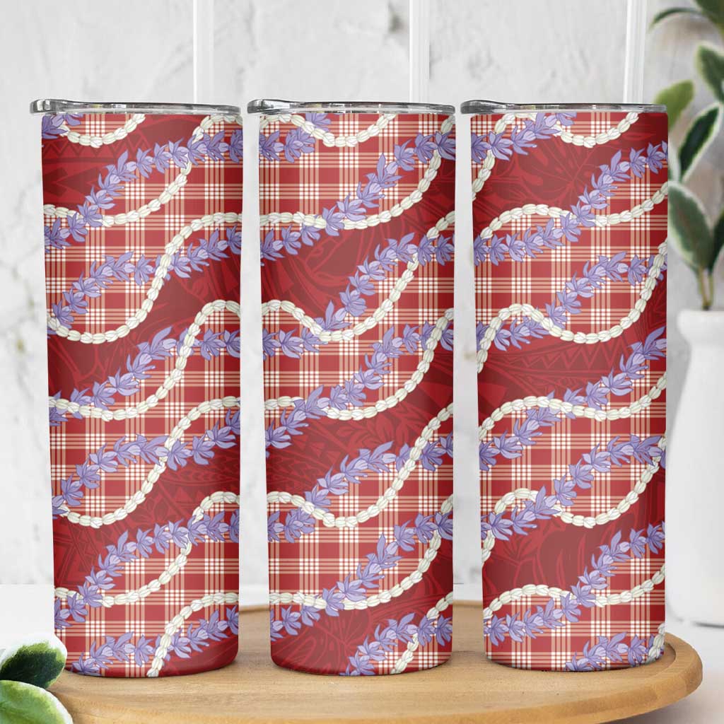 Red Hawaii Palaka Honohono Pikake Skinny Tumbler Hawaiian Orchid Lei Polynesian Pattern - Polynesian Pride