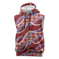 Red Hawaii Palaka Honohono Pikake Sleeveless Zip Hoodie Hawaiian Orchid Lei Polynesian Pattern - Polynesian Pride
