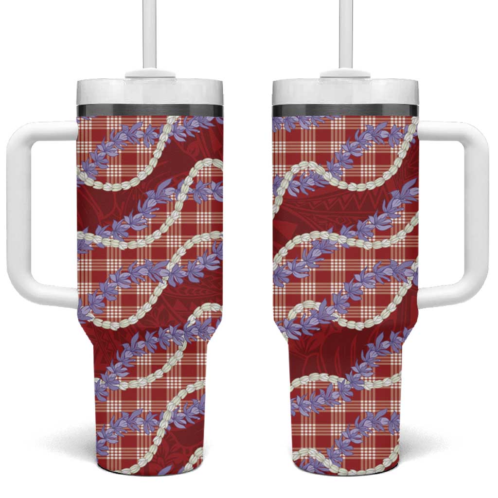 Red Hawaii Palaka Honohono Pikake Tumbler With Handle Hawaiian Orchid Lei Polynesian Pattern - Polynesian Pride