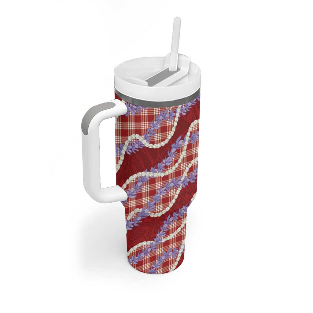 Red Hawaii Palaka Honohono Pikake Tumbler With Handle Hawaiian Orchid Lei Polynesian Pattern - Polynesian Pride