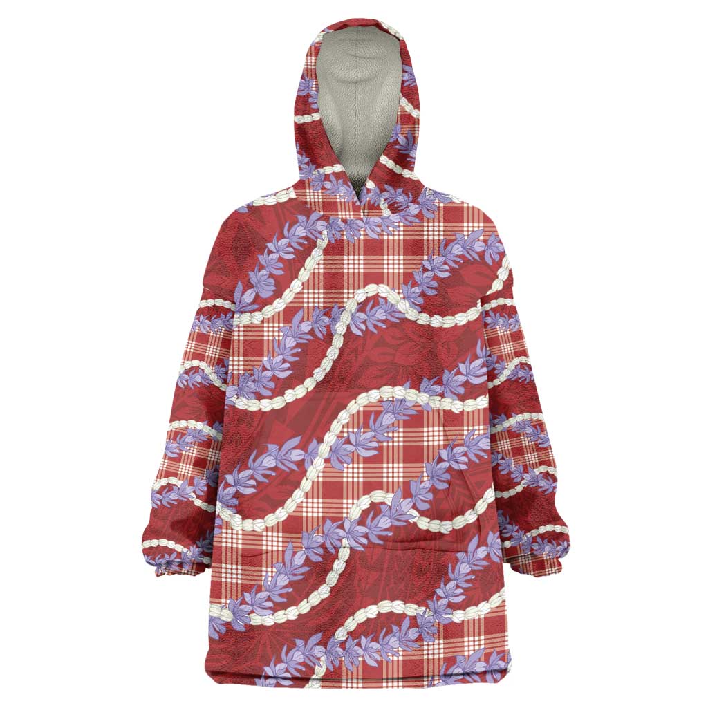 Red Hawaii Palaka Honohono Pikake Wearable Blanket Hoodie Hawaiian Orchid Lei Polynesian Pattern - Polynesian Pride