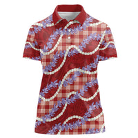 Red Hawaii Palaka Honohono Pikake Women Polo Shirt Hawaiian Orchid Lei Polynesian Pattern - Polynesian Pride