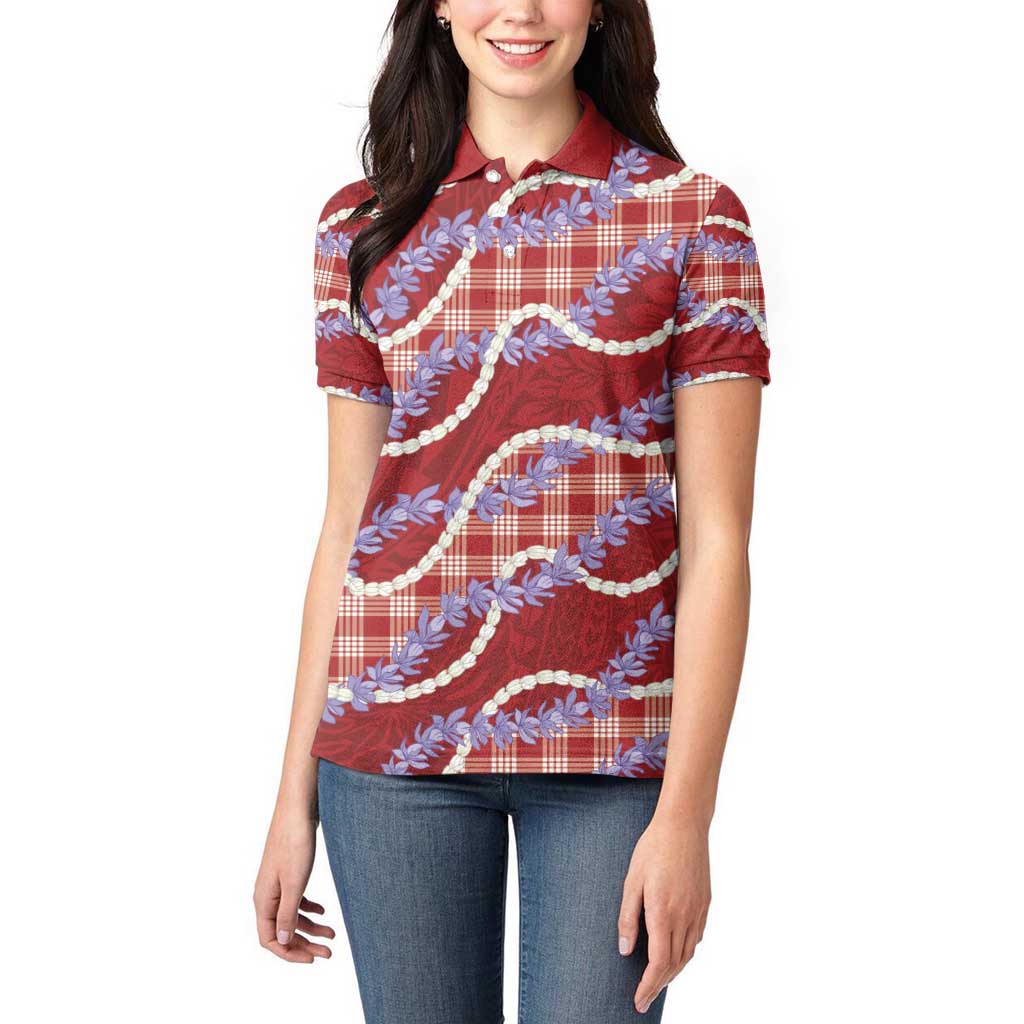 Red Hawaii Palaka Honohono Pikake Women Polo Shirt Hawaiian Orchid Lei Polynesian Pattern - Polynesian Pride