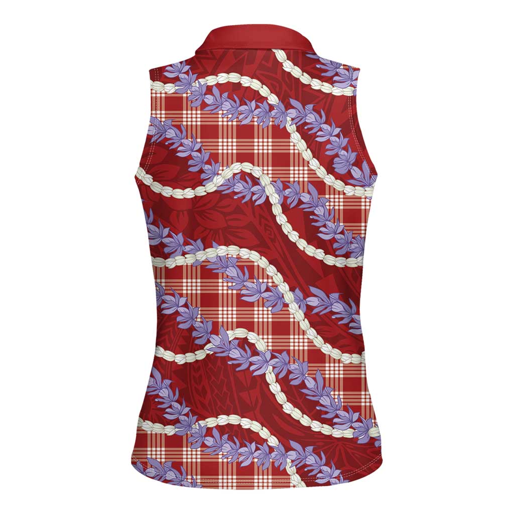 Red Hawaii Palaka Honohono Pikake Women Sleeveless Polo Shirt Hawaiian Orchid Lei Polynesian Pattern - Polynesian Pride