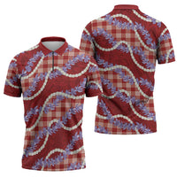 Red Hawaii Palaka Honohono Pikake Zipper Polo Shirt Hawaiian Orchid Lei Polynesian Pattern - Polynesian Pride