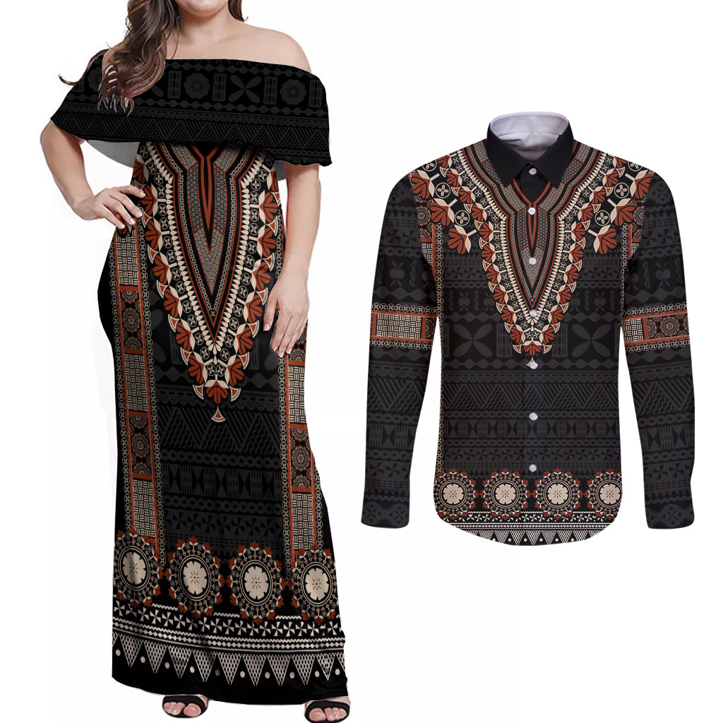 Bula Fiji Dashiki Vintage Fijian Masi Tapa Pattern Couples Matching Off Shoulder Maxi Dress and Long Sleeve Button Shirt LT14 Brown - Polynesian Pride