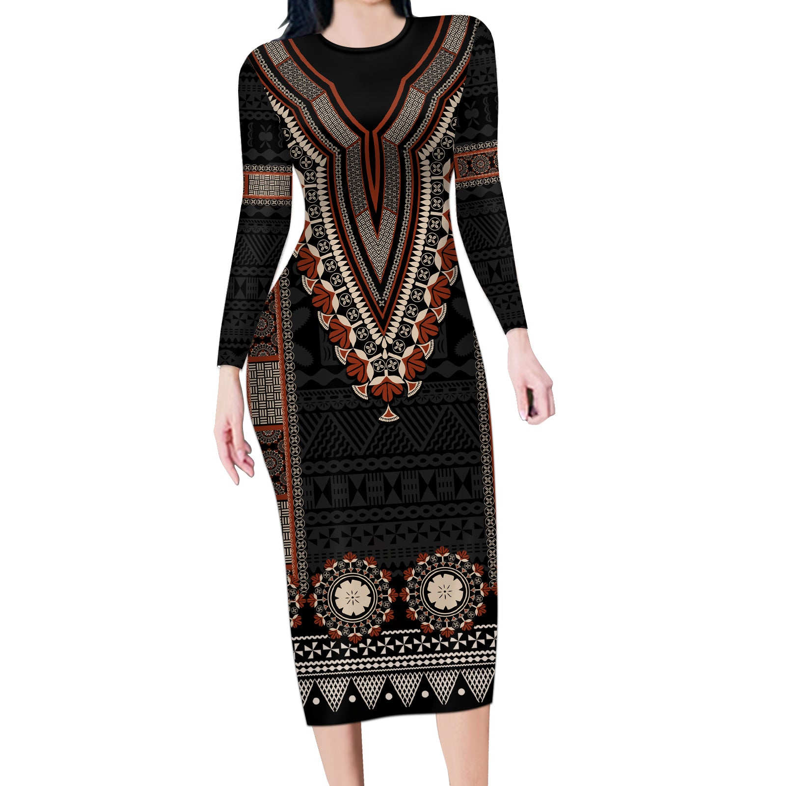 Bula Fiji Dashiki Vintage Fijian Masi Tapa Pattern Long Sleeve Bodycon Dress LT14 Long Dress Brown - Polynesian Pride