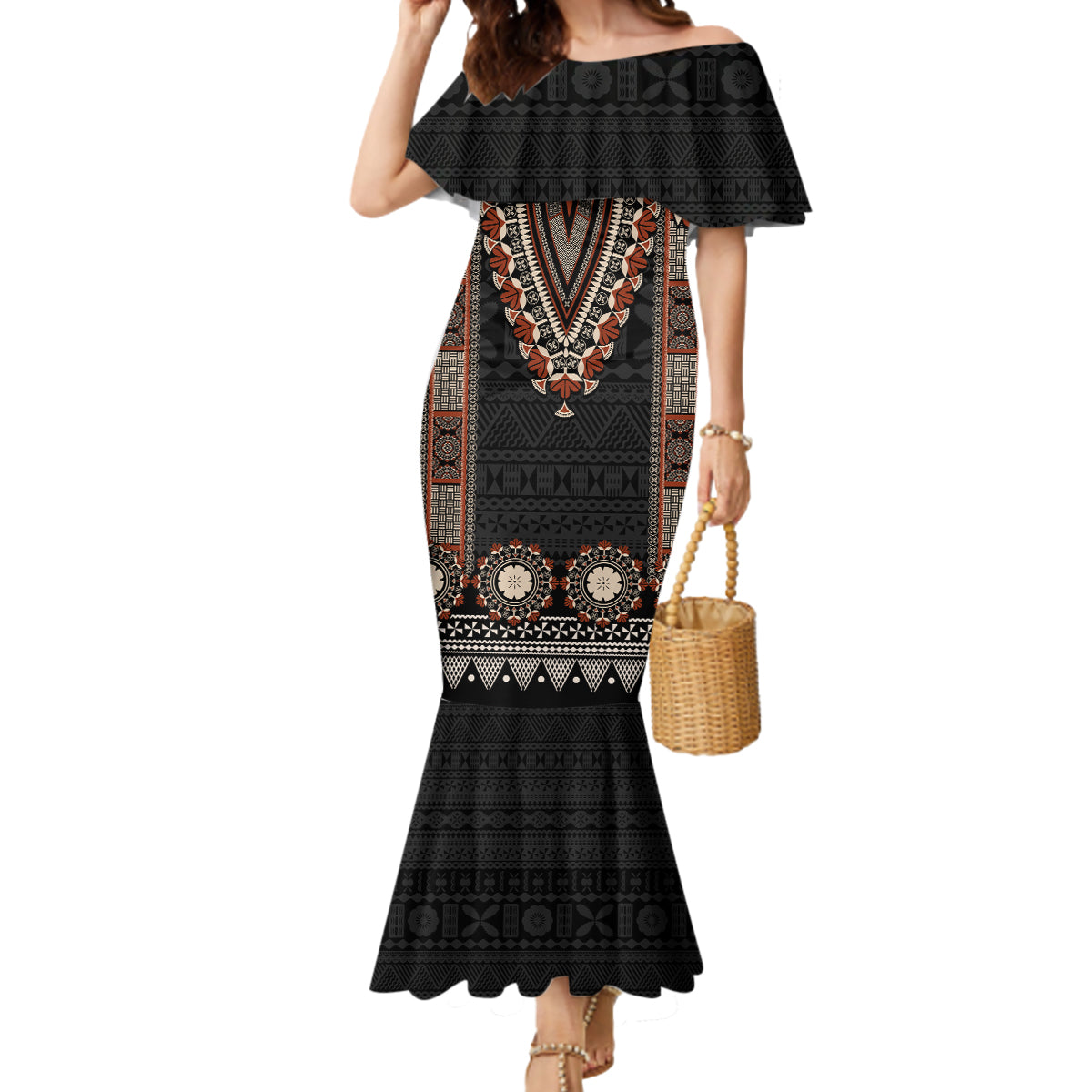 Bula Fiji Dashiki Vintage Fijian Masi Tapa Pattern Mermaid Dress LT14 Women Brown - Polynesian Pride