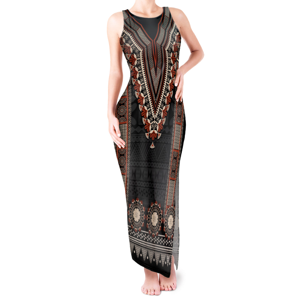 Bula Fiji Dashiki Vintage Fijian Masi Tapa Pattern Tank Maxi Dress LT14 Women Brown - Polynesian Pride