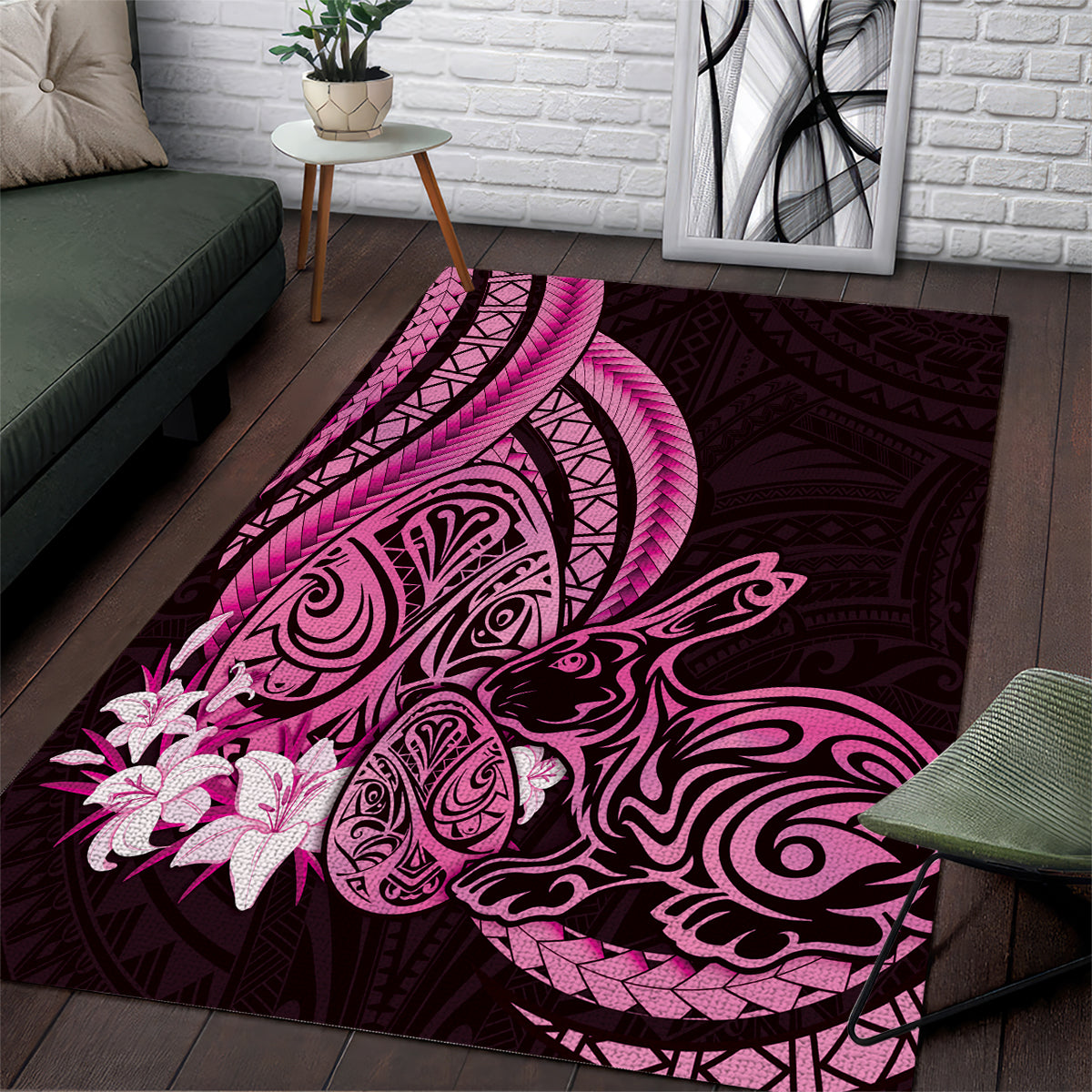 Pink Polynesia Easter Day Area Rug Eggs With Bunny Polynesian Pattern