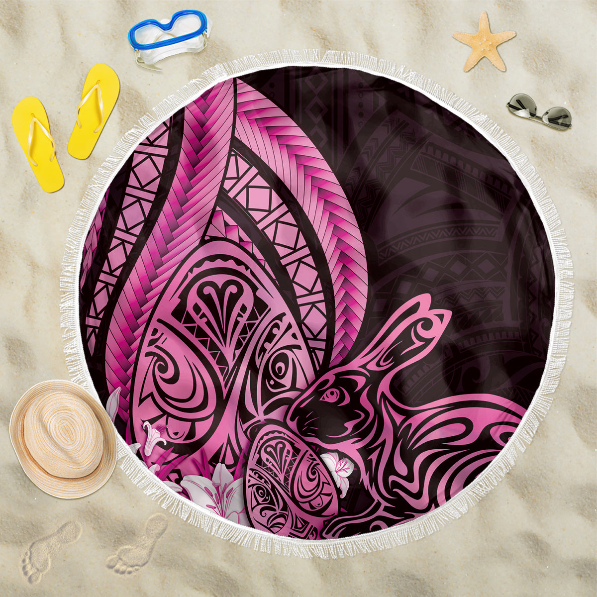 Pink Polynesia Easter Day Beach Blanket Eggs With Bunny Polynesian Pattern LT14 One Size 150cm Pink - Polynesian Pride