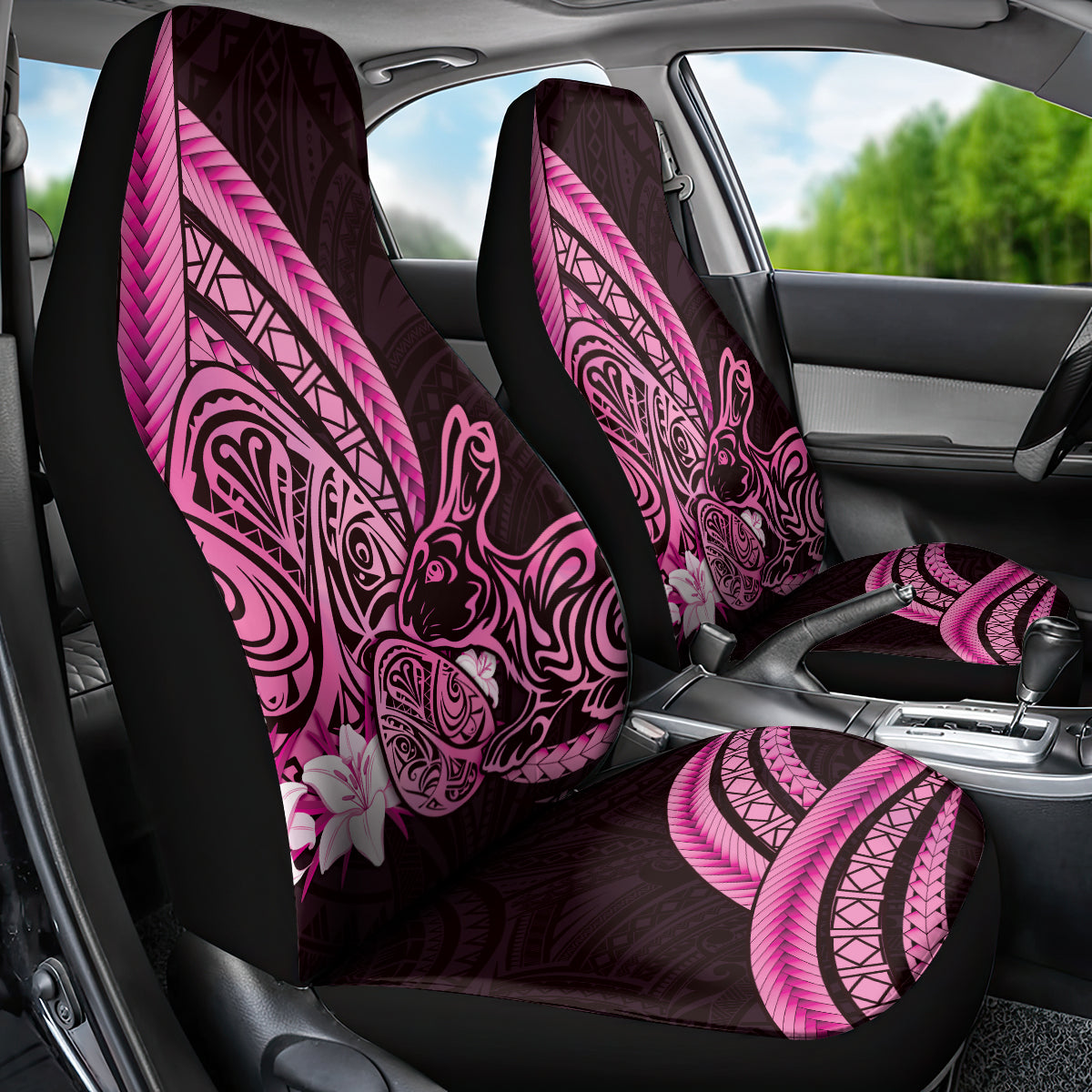 Pink Polynesia Easter Day Car Seat Cover Eggs With Bunny Polynesian Pattern