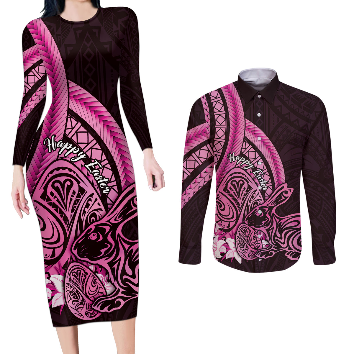 Pink Polynesia Easter Day Couples Matching Long Sleeve Bodycon Dress and Long Sleeve Button Shirt Eggs With Bunny Polynesian Pattern LT14 Pink - Polynesian Pride