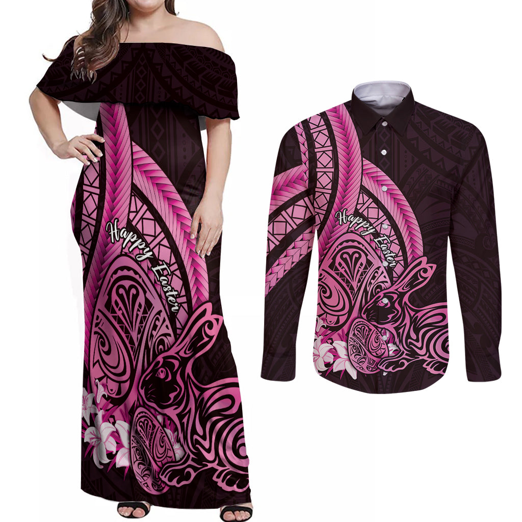 Pink Polynesia Easter Day Couples Matching Off Shoulder Maxi Dress and Long Sleeve Button Shirt Eggs With Bunny Polynesian Pattern LT14 Pink - Polynesian Pride