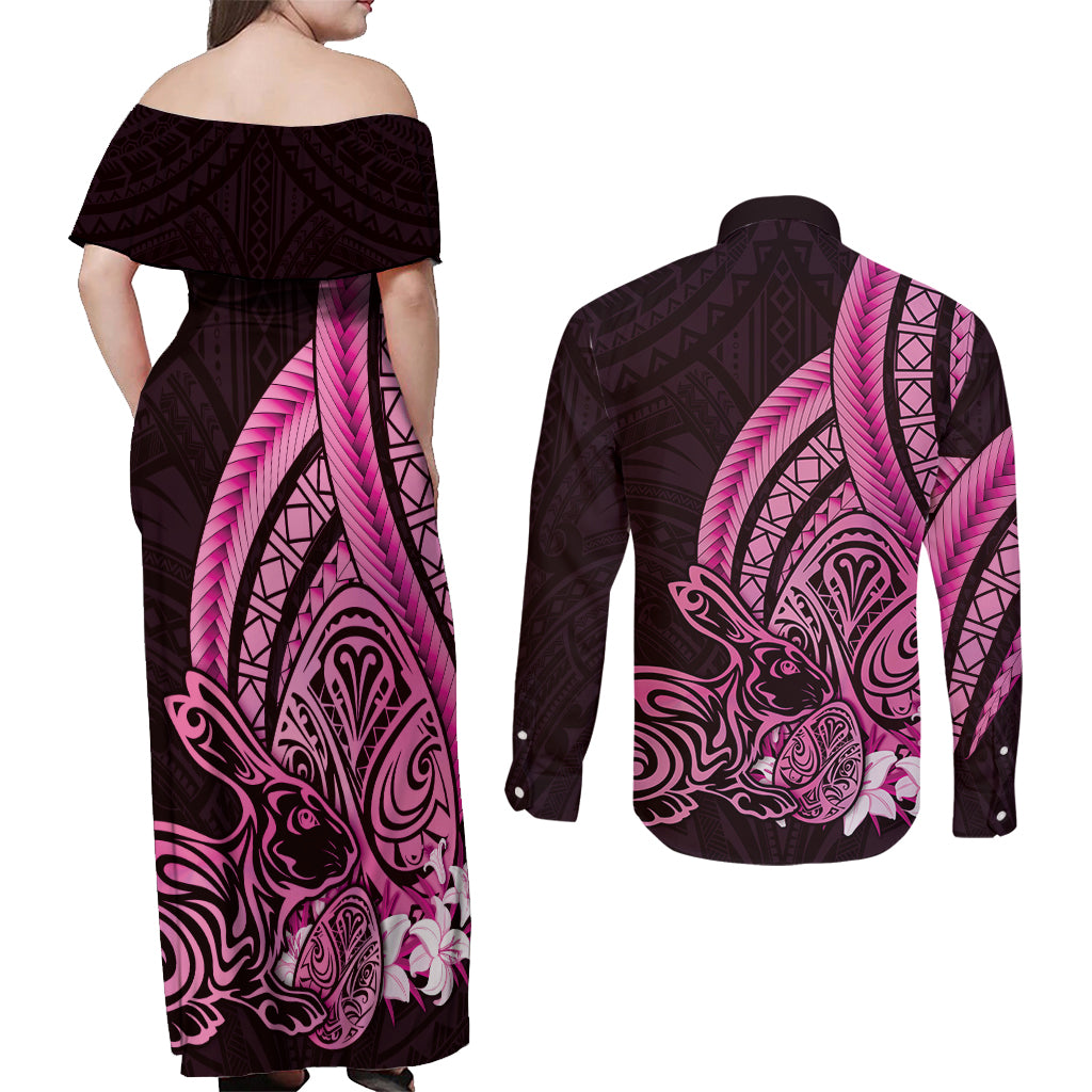 Pink Polynesia Easter Day Couples Matching Off Shoulder Maxi Dress and Long Sleeve Button Shirt Eggs With Bunny Polynesian Pattern LT14 - Polynesian Pride