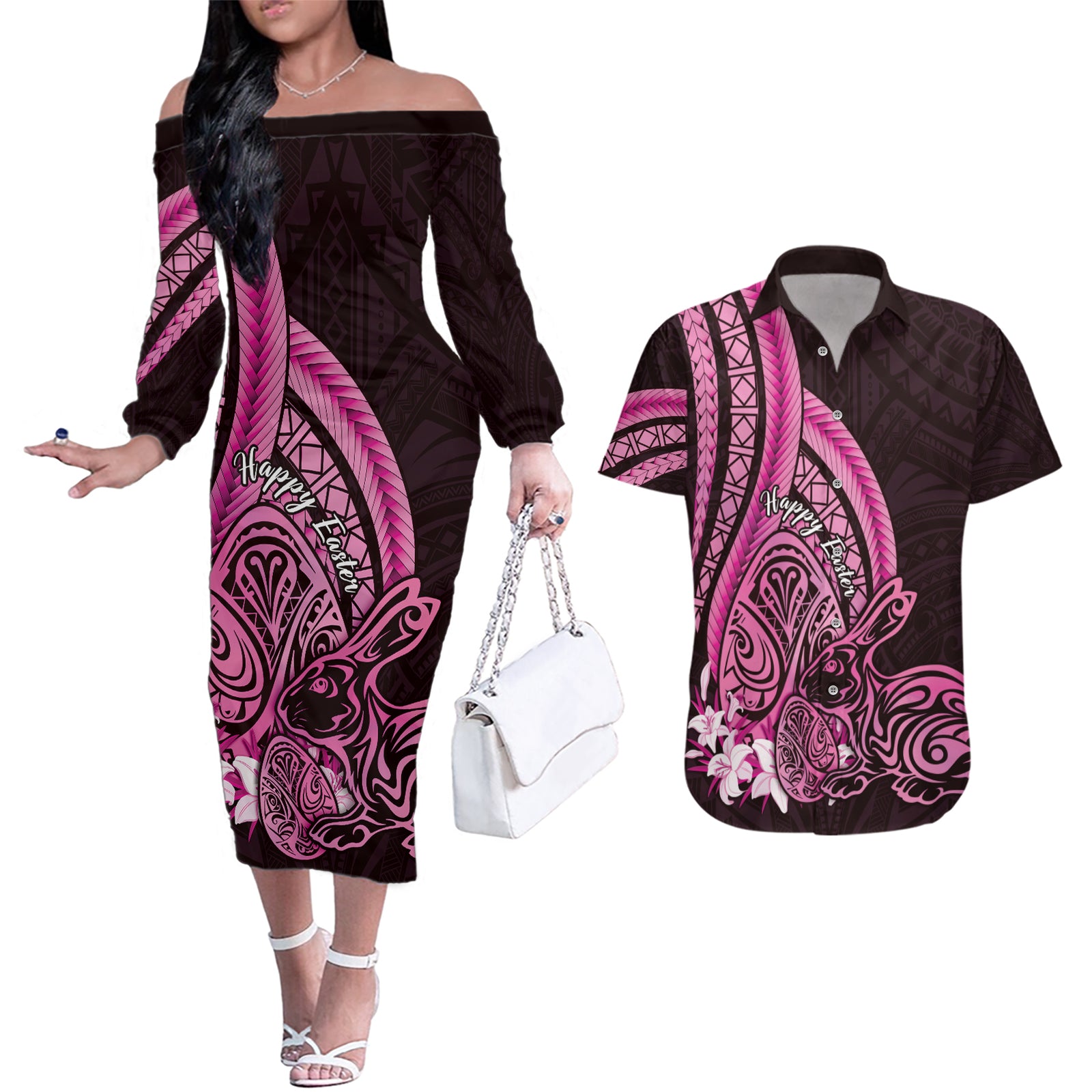 Pink Polynesia Easter Day Couples Matching Off The Shoulder Long Sleeve Dress and Hawaiian Shirt Eggs With Bunny Polynesian Pattern LT14 Pink - Polynesian Pride