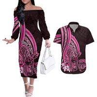 Pink Polynesia Easter Day Couples Matching Off The Shoulder Long Sleeve Dress and Hawaiian Shirt Eggs With Bunny Polynesian Pattern LT14 Pink - Polynesian Pride