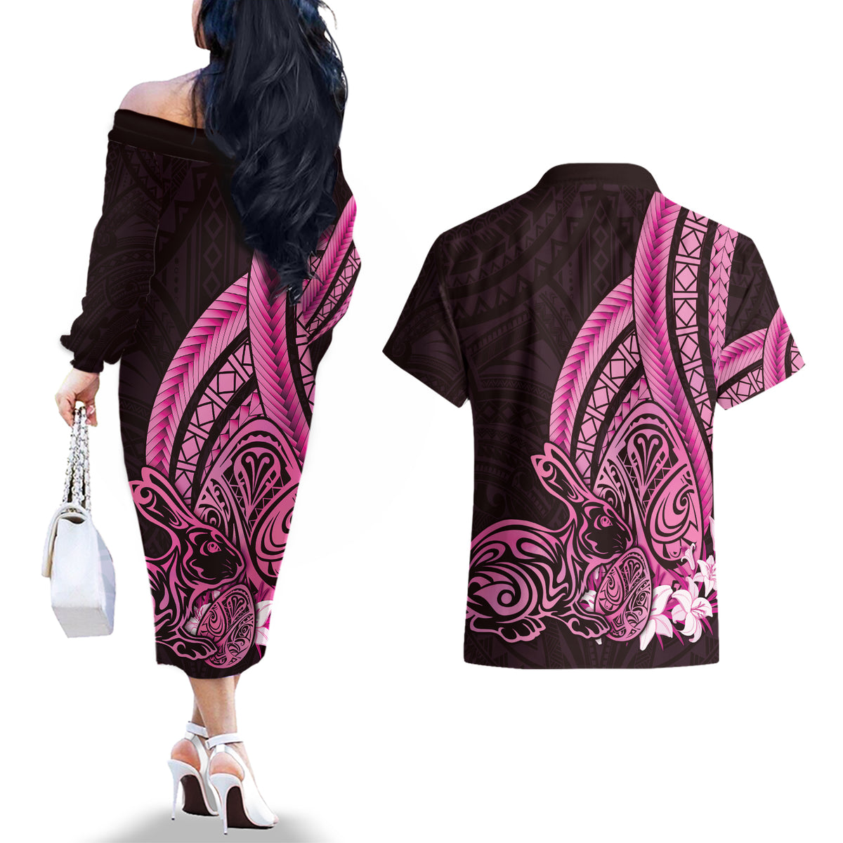 Pink Polynesia Easter Day Couples Matching Off The Shoulder Long Sleeve Dress and Hawaiian Shirt Eggs With Bunny Polynesian Pattern LT14 - Polynesian Pride