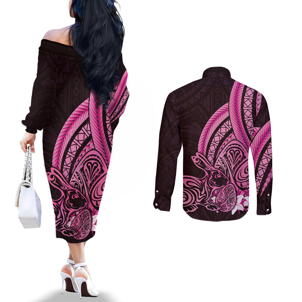 Pink Polynesia Easter Day Couples Matching Off The Shoulder Long Sleeve Dress and Long Sleeve Button Shirt Eggs With Bunny Polynesian Pattern LT14 - Polynesian Pride