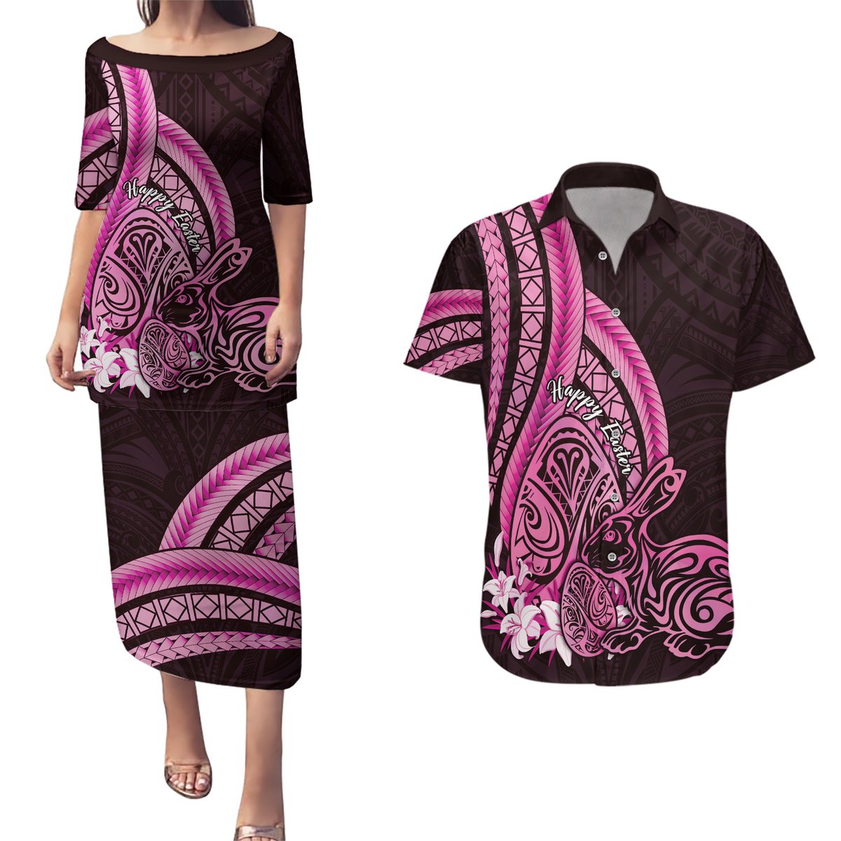 Pink Polynesia Easter Day Couples Matching Puletasi and Hawaiian Shirt Eggs With Bunny Polynesian Pattern LT14 Pink - Polynesian Pride