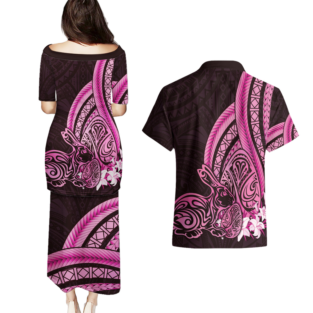 Pink Polynesia Easter Day Couples Matching Puletasi and Hawaiian Shirt Eggs With Bunny Polynesian Pattern LT14 - Polynesian Pride