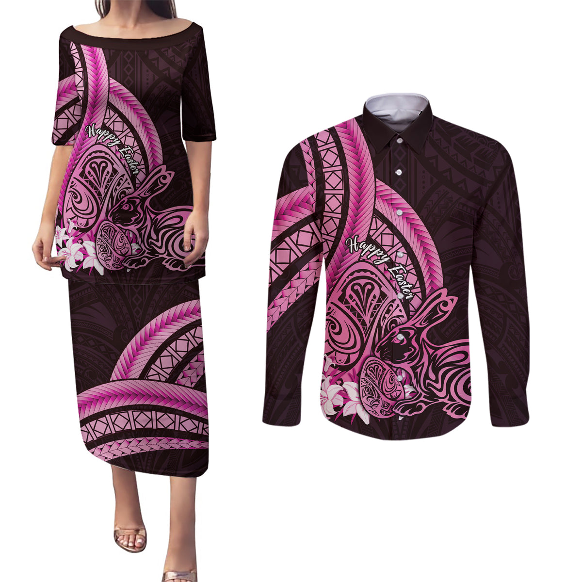 Pink Polynesia Easter Day Couples Matching Puletasi and Long Sleeve Button Shirt Eggs With Bunny Polynesian Pattern LT14 Pink - Polynesian Pride
