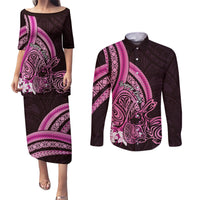 Pink Polynesia Easter Day Couples Matching Puletasi and Long Sleeve Button Shirt Eggs With Bunny Polynesian Pattern LT14 Pink - Polynesian Pride